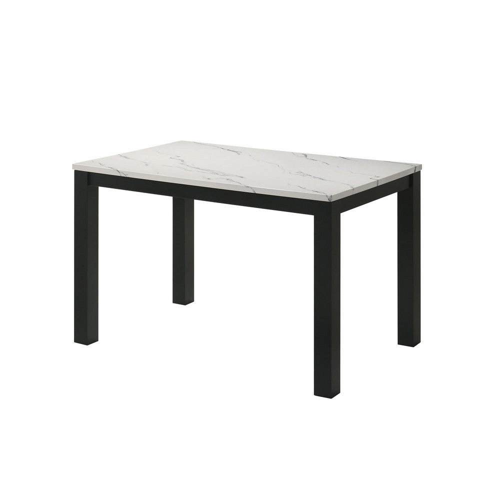 Benjara Syon Dining Table, 47 Inch White Faux Marble Top, Black Wood Legs