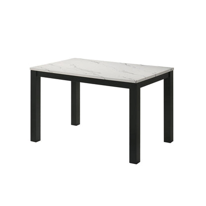 Benjara Syon Dining Table, 47 Inch White Faux Marble Top, Black Wood Legs