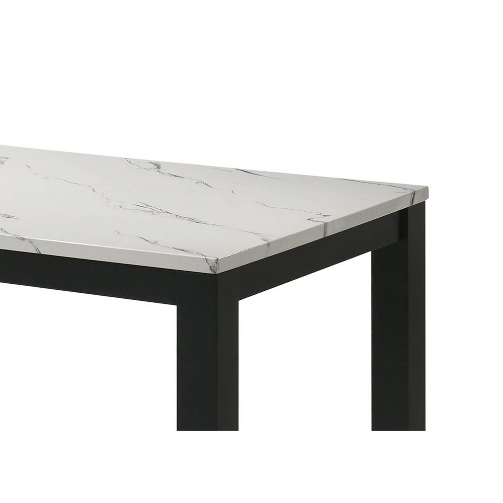 Benjara Syon Dining Table, 47 Inch White Faux Marble Top, Black Wood Legs