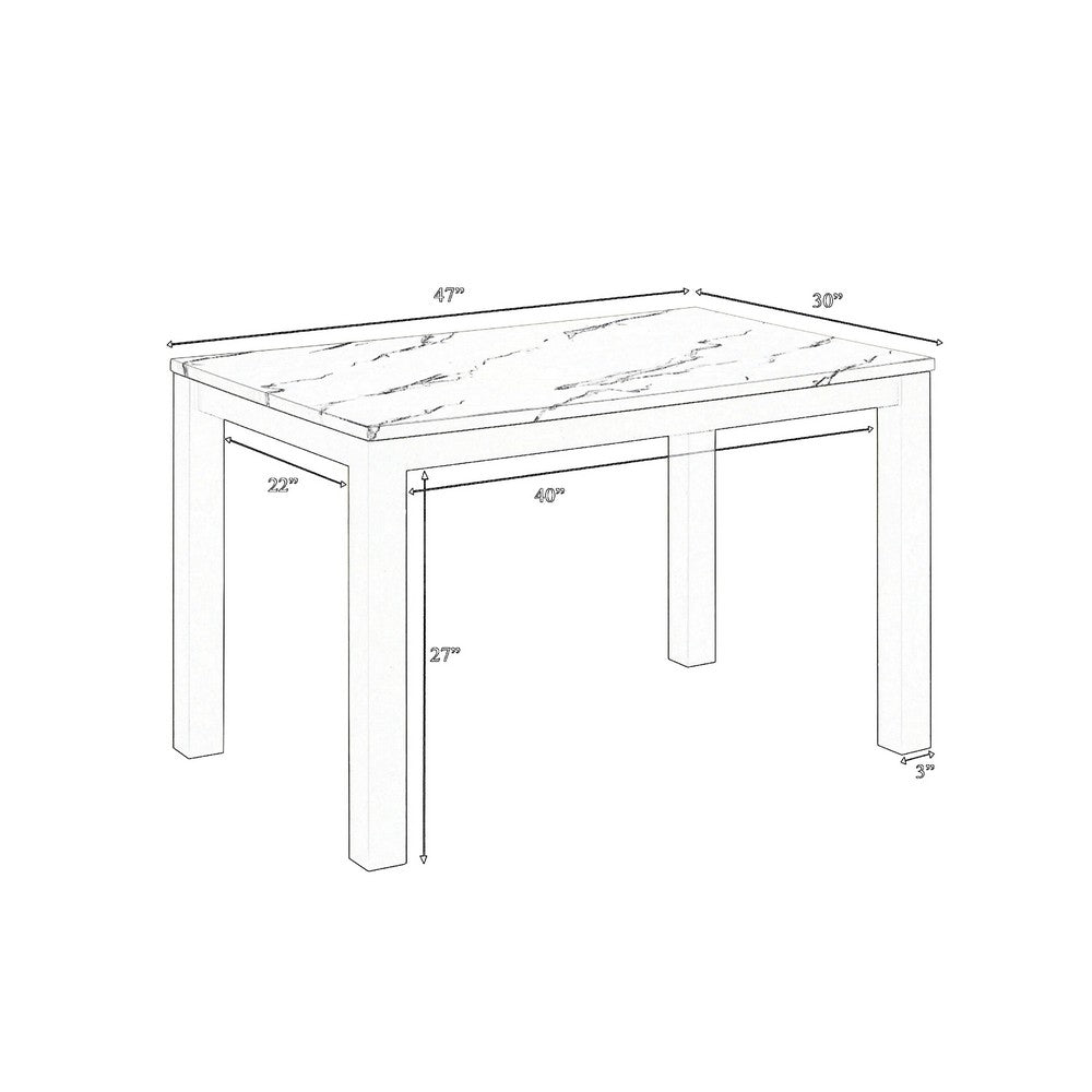 Benjara Syon Dining Table, 47 Inch White Faux Marble Top, Black Wood Legs