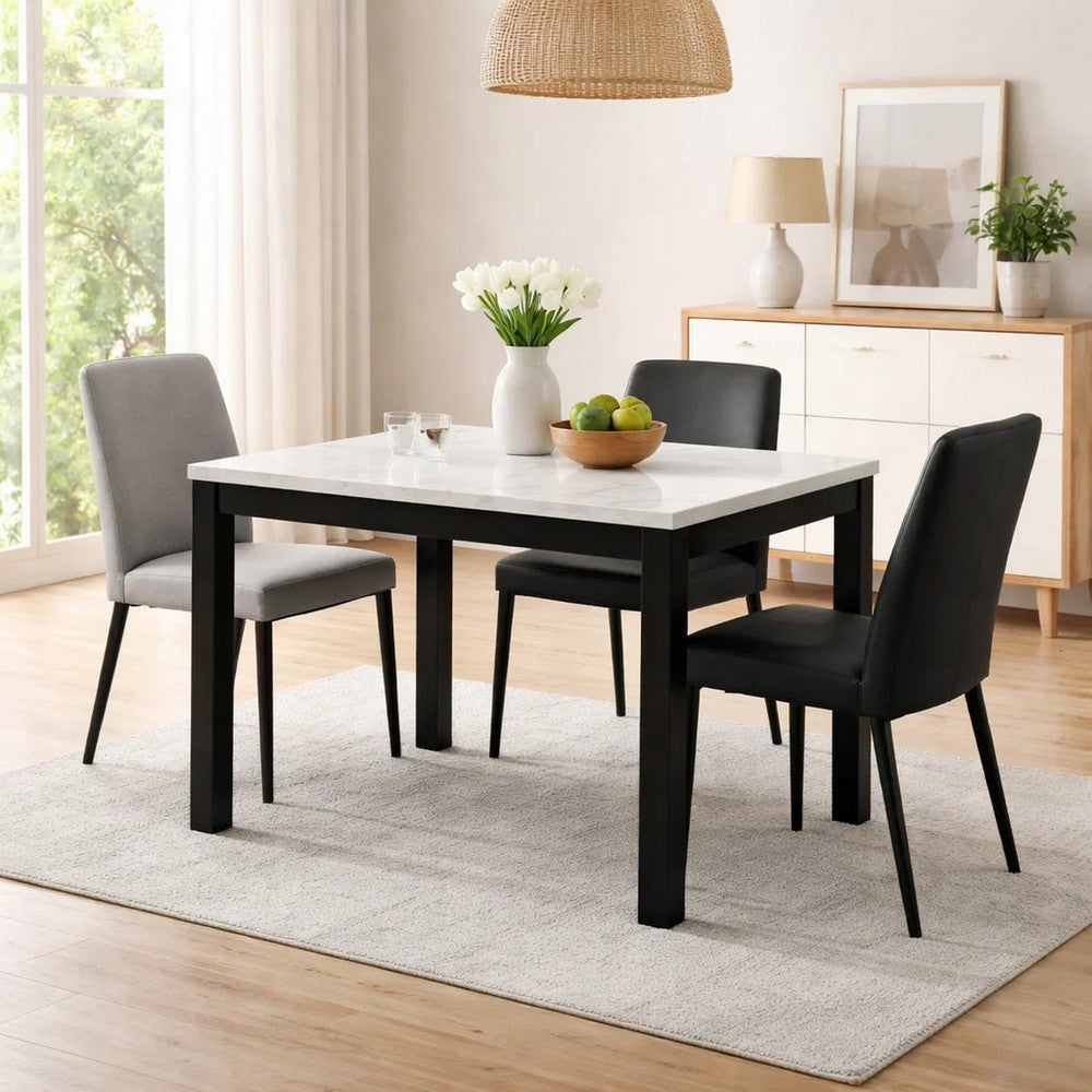 Benjara Syon Dining Table, 47 Inch White Faux Marble Top, Black Wood Legs