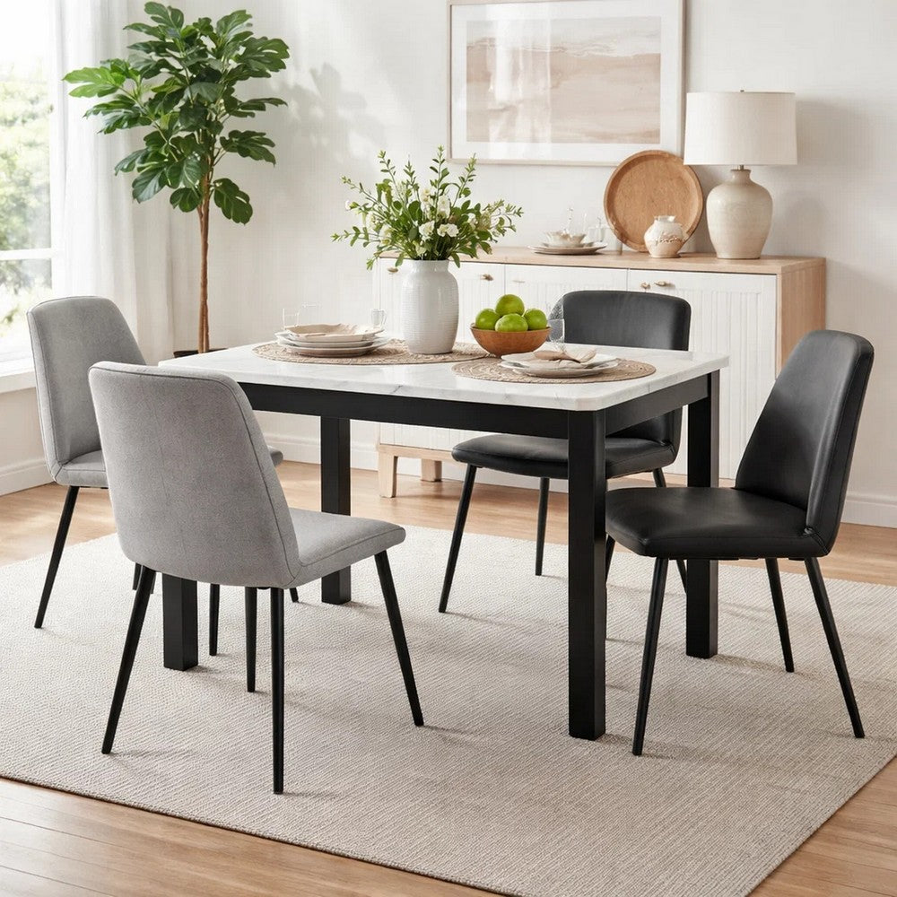 Benjara Syon Dining Table, 47 Inch White Faux Marble Top, Black Wood Legs