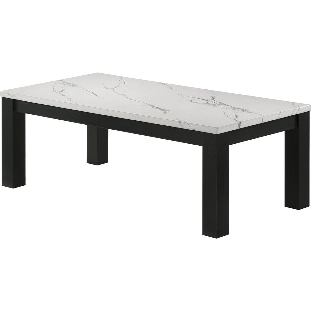 Benjara Evie 3pc Coffee And End Table Set, White Faux Marble Top, Black
