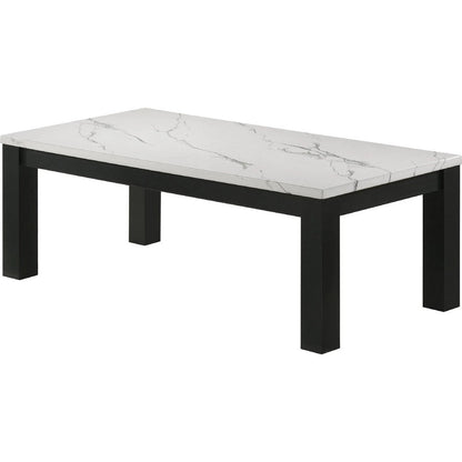 Benjara Evie 3pc Coffee And End Table Set, White Faux Marble Top, Black