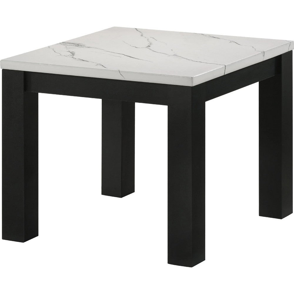 Benjara Evie 3pc Coffee And End Table Set, White Faux Marble Top, Black
