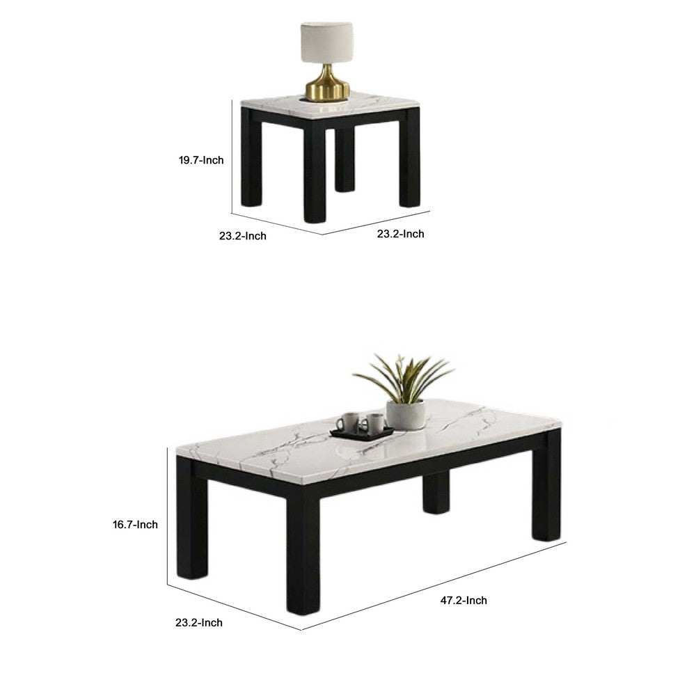 Benjara Evie 3pc Coffee And End Table Set, White Faux Marble Top, Black