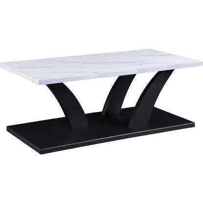 Benjara Zen 3pc Coffee And End Table Set, White Faux Marble, Black Legs