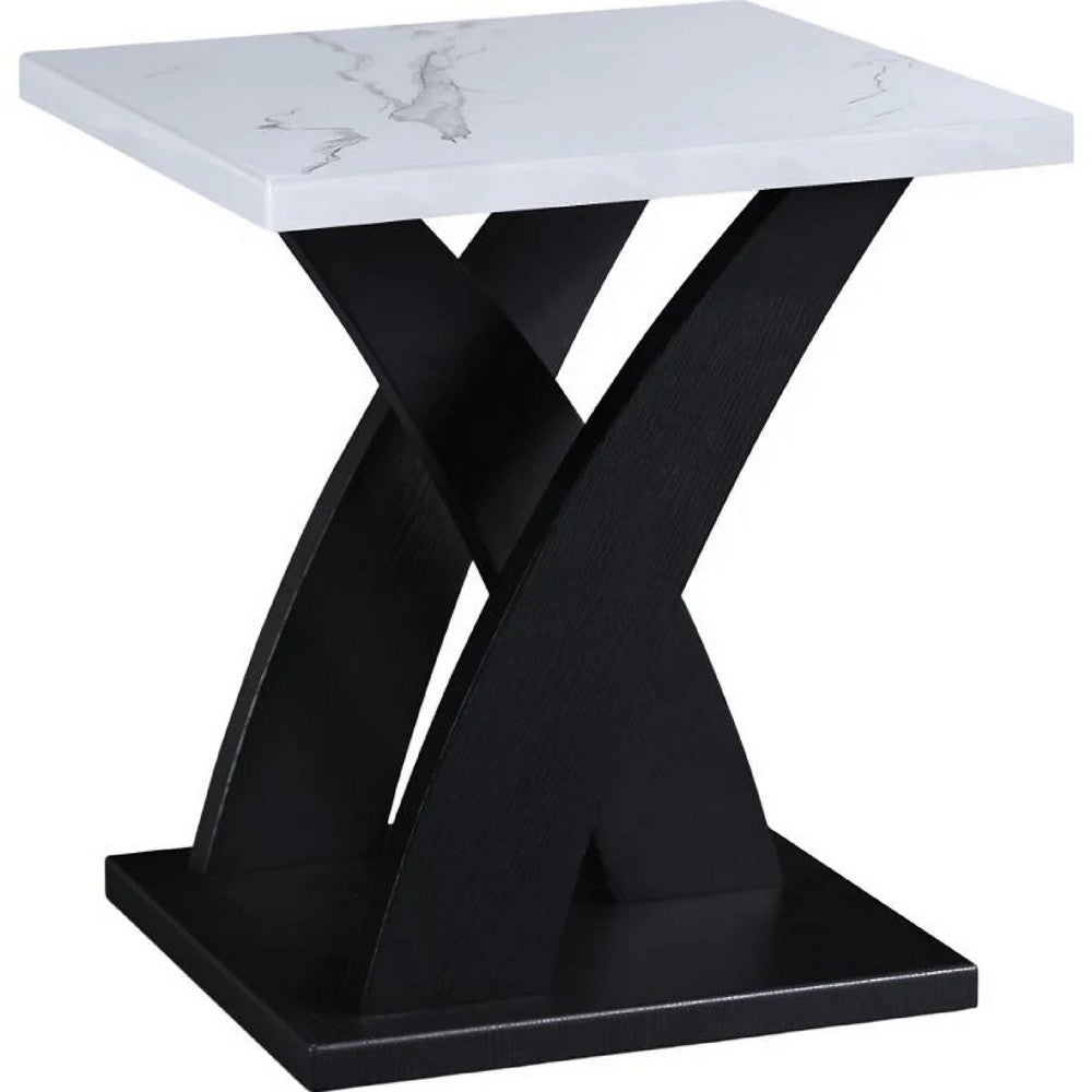 Benjara Zen 3pc Coffee And End Table Set, White Faux Marble, Black Legs
