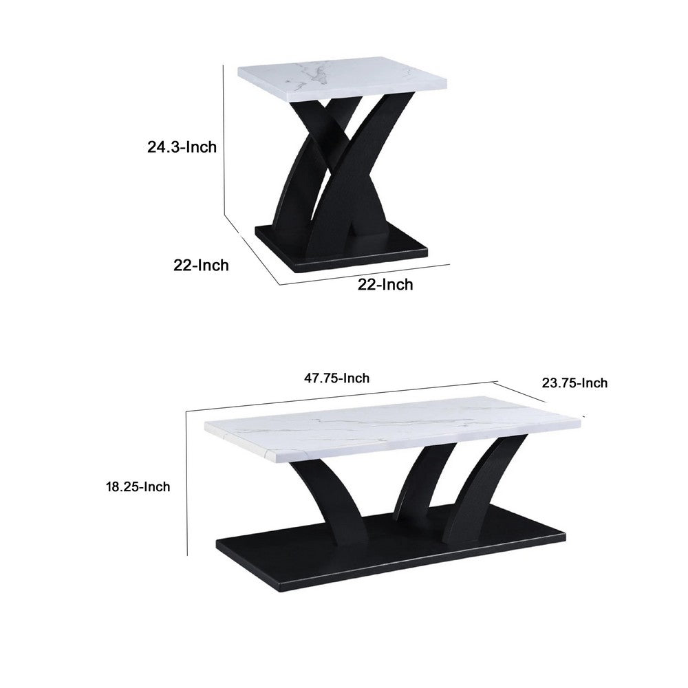 Benjara Zen 3pc Coffee And End Table Set, White Faux Marble, Black Legs