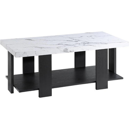 Benjara Bexy 3pc Coffee And End Table Set, White Faux Marble Top, Black Shelf