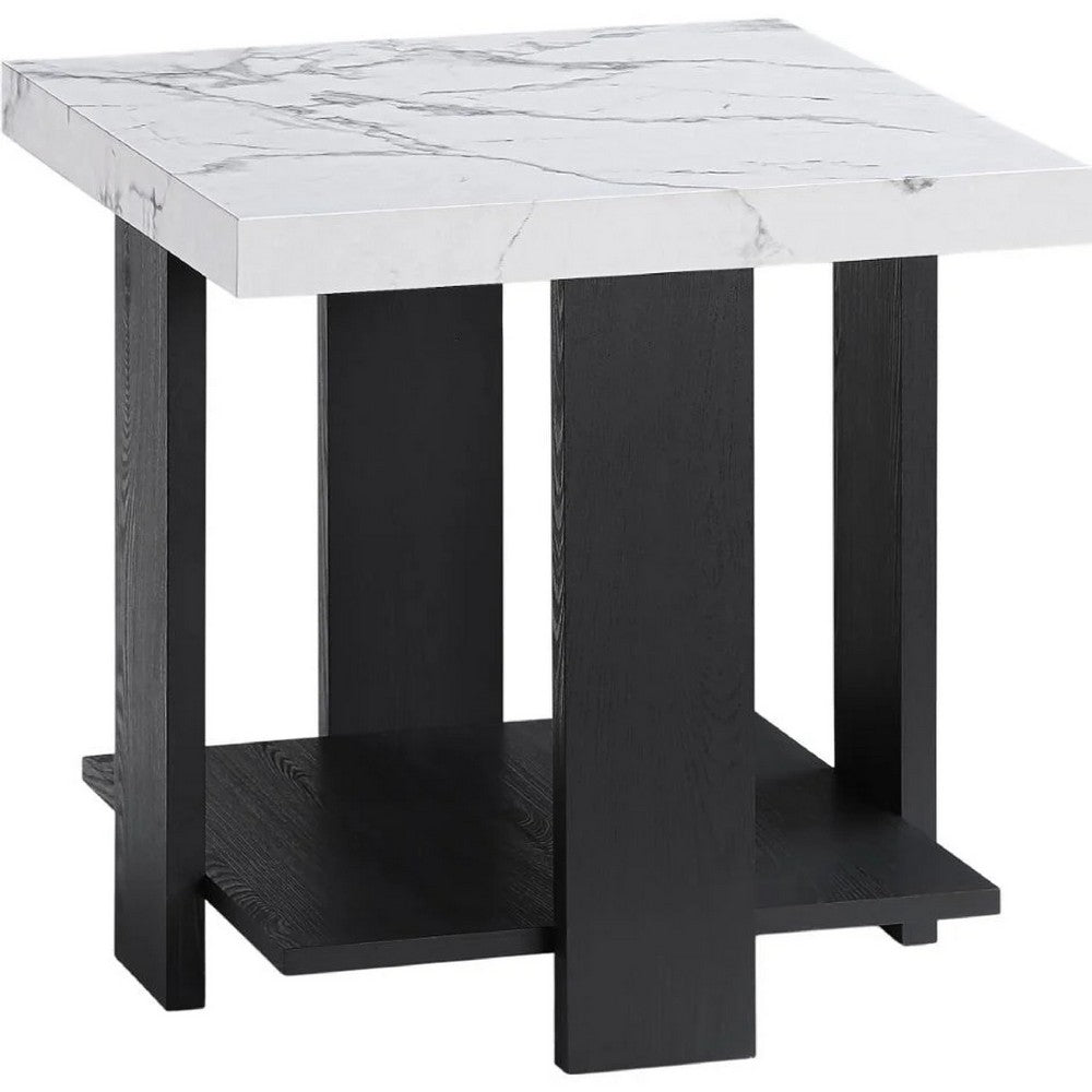 Benjara Bexy 3pc Coffee And End Table Set, White Faux Marble Top, Black Shelf