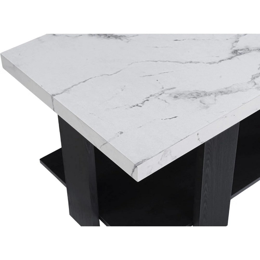 Benjara Bexy 3pc Coffee And End Table Set, White Faux Marble Top, Black Shelf