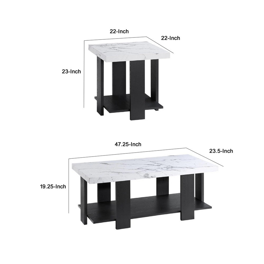 Benjara Bexy 3pc Coffee And End Table Set, White Faux Marble Top, Black Shelf