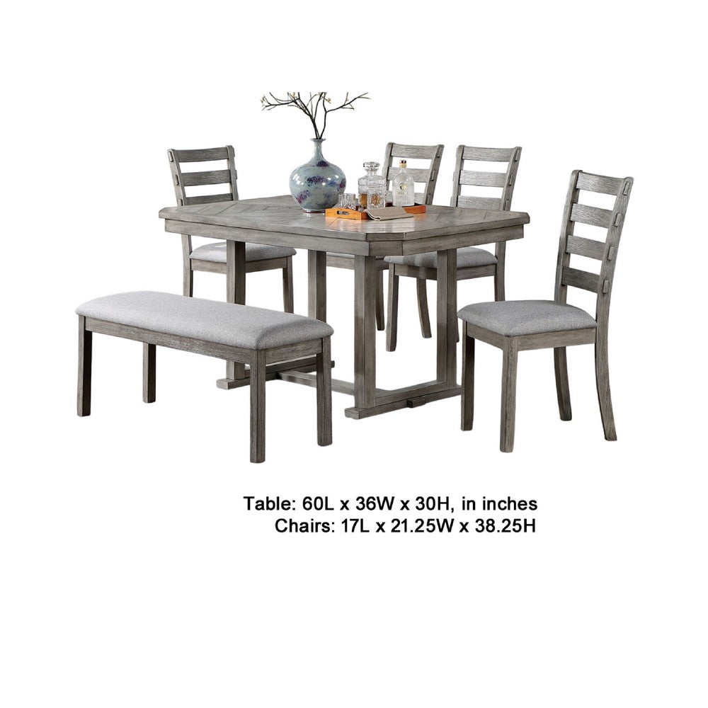Benjara Lais 6pc Dining Table Set with Bench, 4 Ladderback Chairs, Rustic Gray