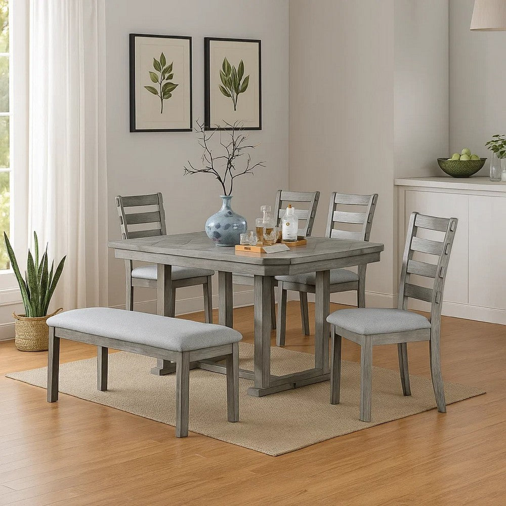 Benjara Lais 6pc Dining Table Set with Bench, 4 Ladderback Chairs, Rustic Gray
