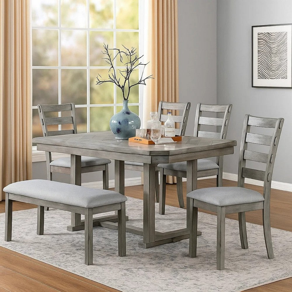 Benjara Lais 6pc Dining Table Set with Bench, 4 Ladderback Chairs, Rustic Gray