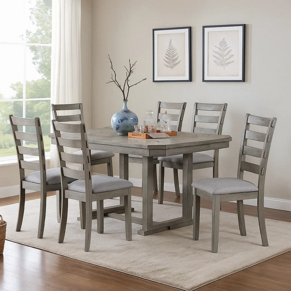 Benjara Lais 7pc Dining Table Set with 6 Ladderback Chairs, Rustic Gray