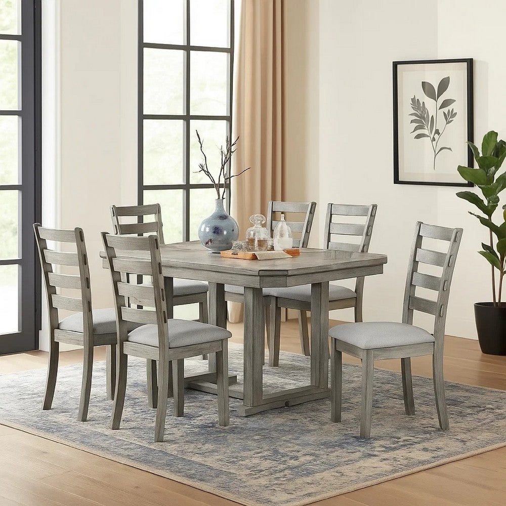 Benjara Lais 7pc Dining Table Set with 6 Ladderback Chairs, Rustic Gray