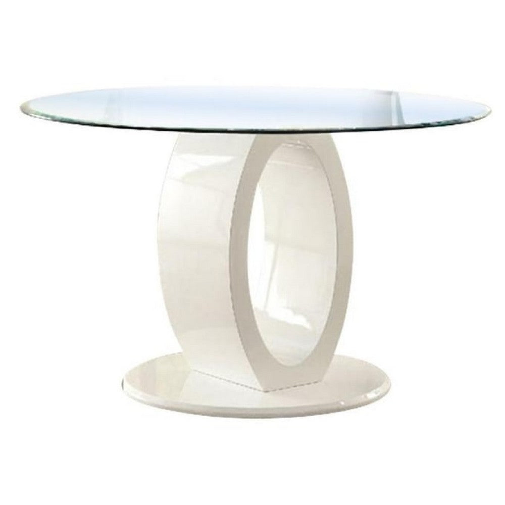 Benjara Gregy 5pc Round Dining Table Set, Oval Pedestal Base, White Fabric