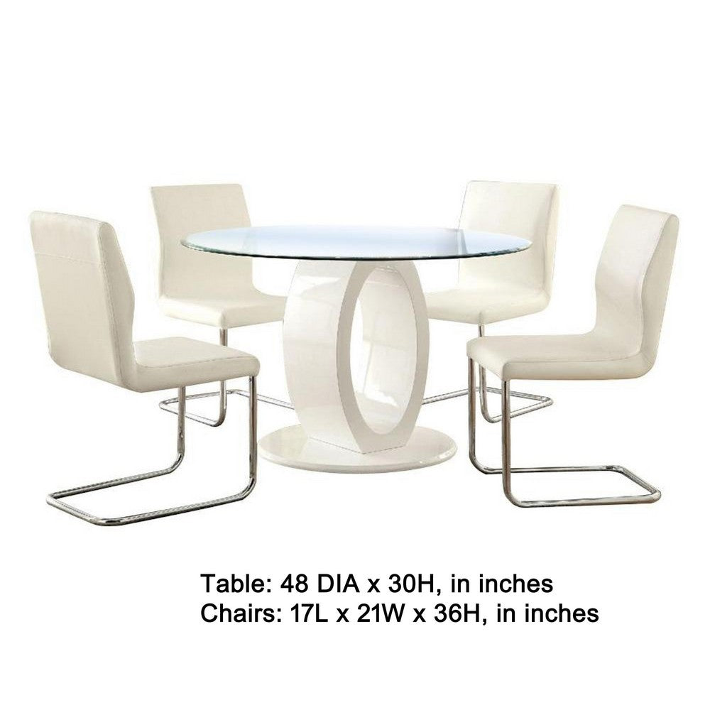 Benjara Gregy 5pc Round Dining Table Set, Oval Pedestal Base, White Fabric