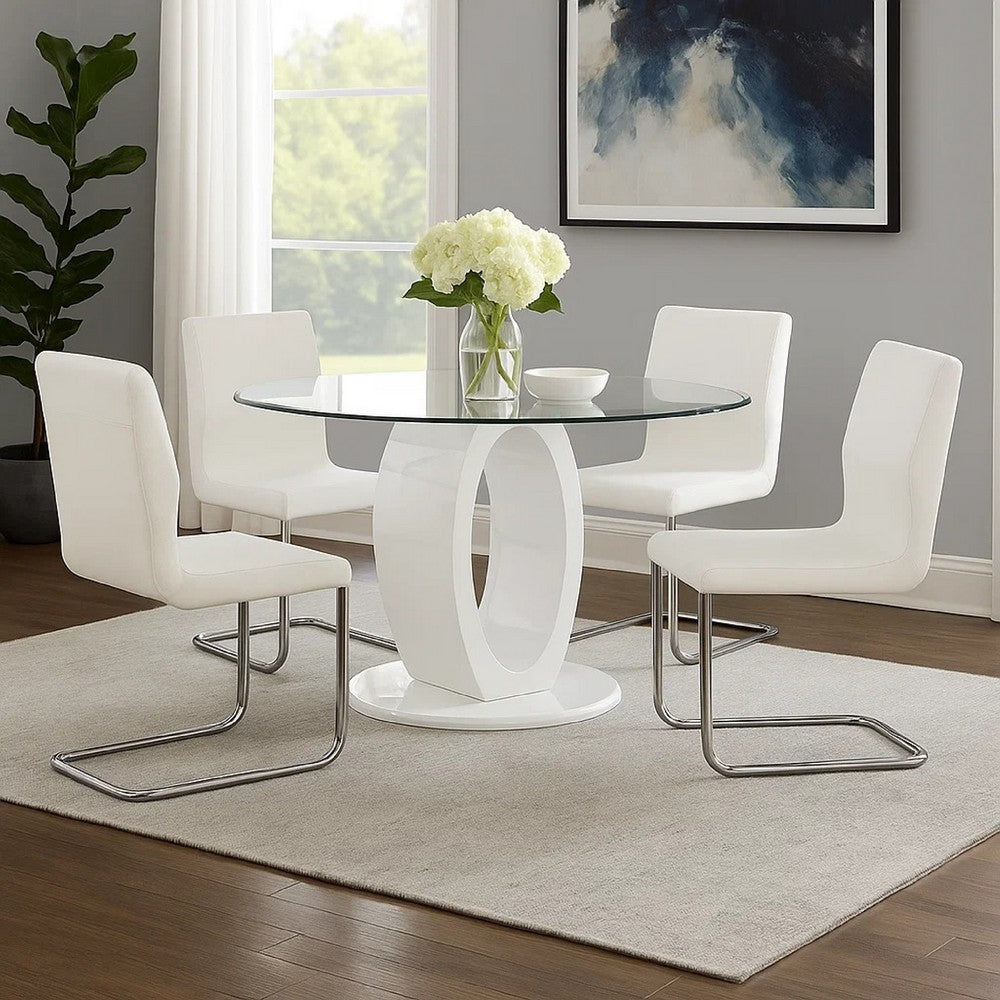 Benjara Gregy 5pc Round Dining Table Set, Oval Pedestal Base, White Fabric