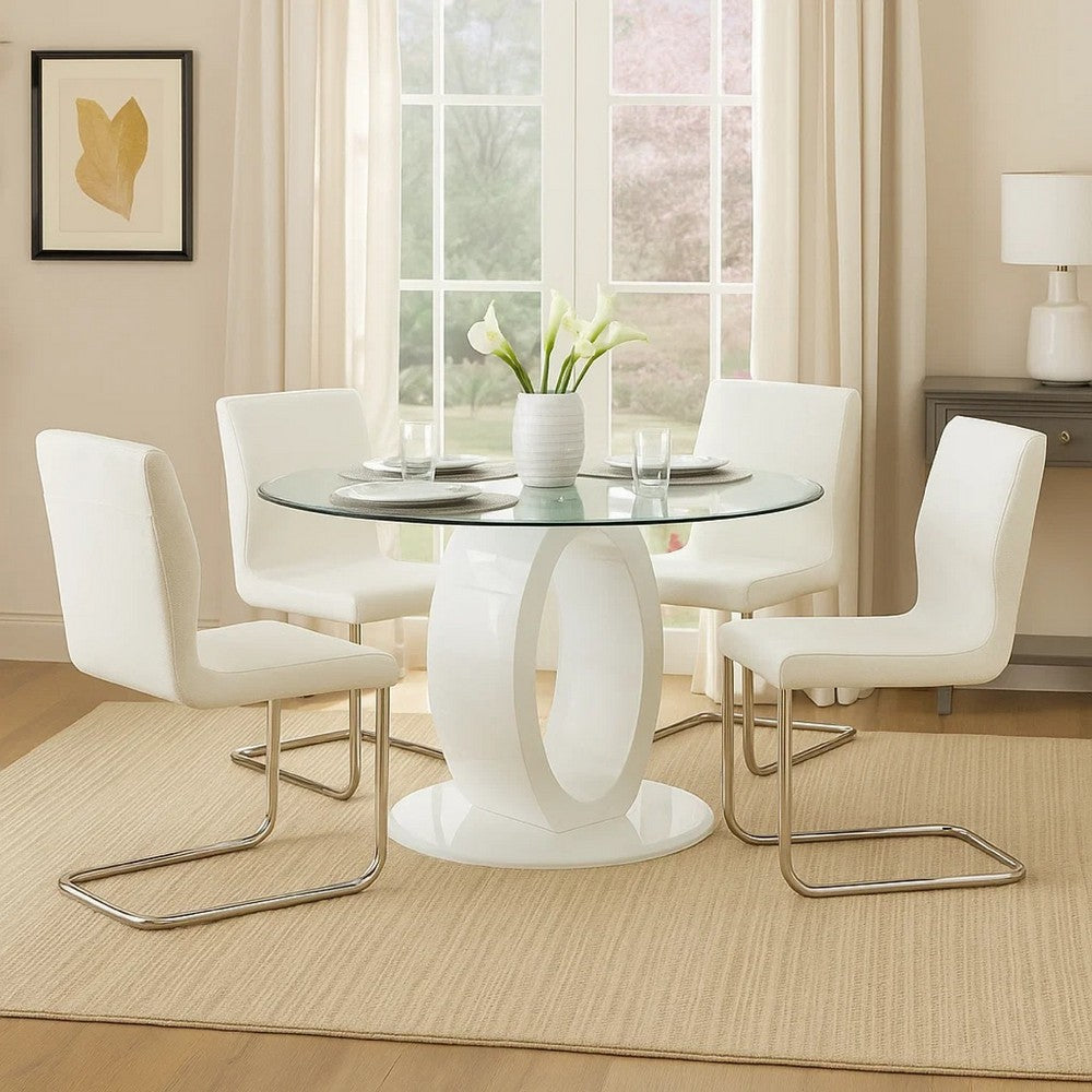 Benjara Gregy 5pc Round Dining Table Set, Oval Pedestal Base, White Fabric