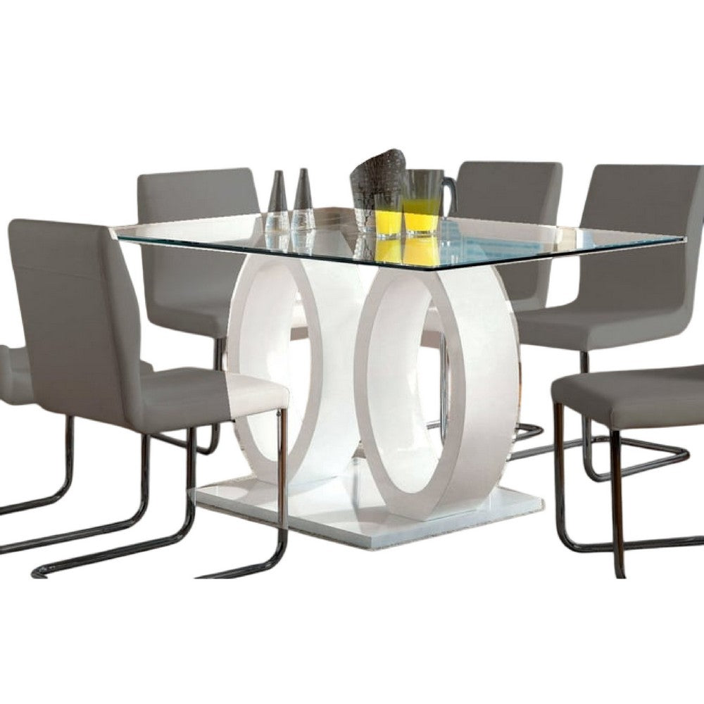Benjara Gregy 7pc Rectangular Glass Dining Table Set, Dual Pedestal, White Fabric