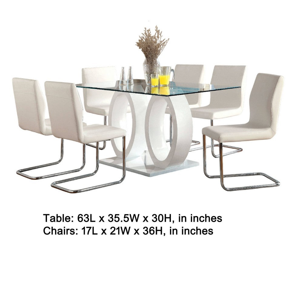 Benjara Gregy 7pc Rectangular Glass Dining Table Set, Dual Pedestal, White Fabric