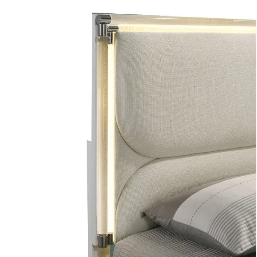 Benjara Dima Full Size Bed with Pull Out Trundle And LED Headboard, Pearl White