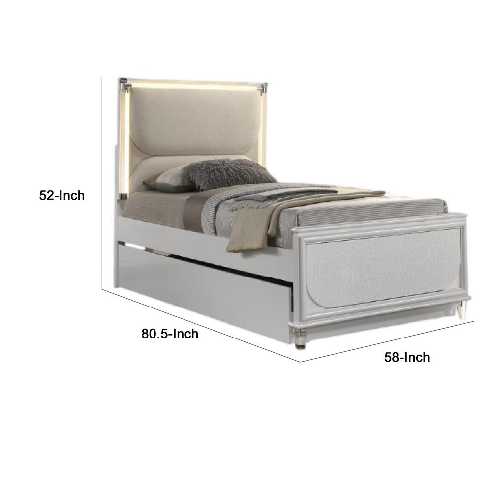 Benjara Dima Full Size Bed with Pull Out Trundle And LED Headboard, Pearl White