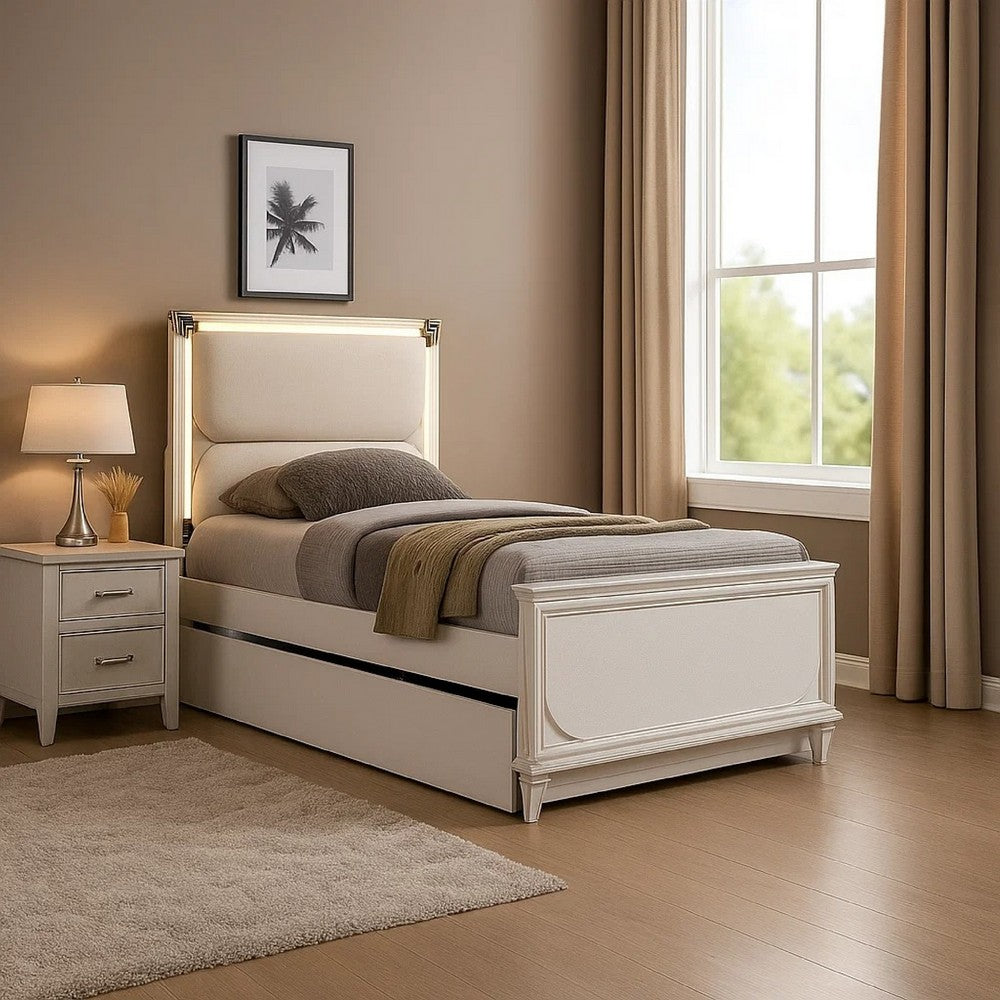 Benjara Dima Full Size Bed with Pull Out Trundle And LED Headboard, Pearl White