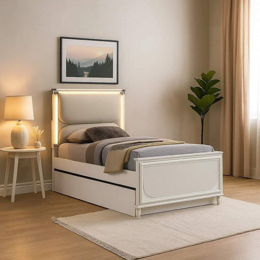 Benjara Dima Full Size Bed with Pull Out Trundle And LED Headboard, Pearl White
