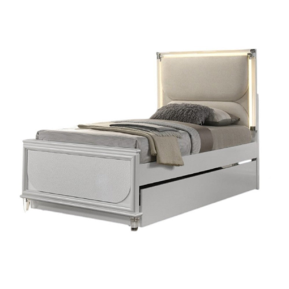 Benjara Dima Twin Size Bed with Pull Out Trundle And LED Headboard, Pearl White