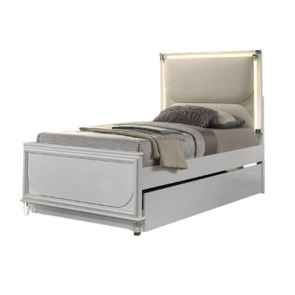 Benjara Dima Twin Size Bed with Pull Out Trundle And LED Headboard, Pearl White