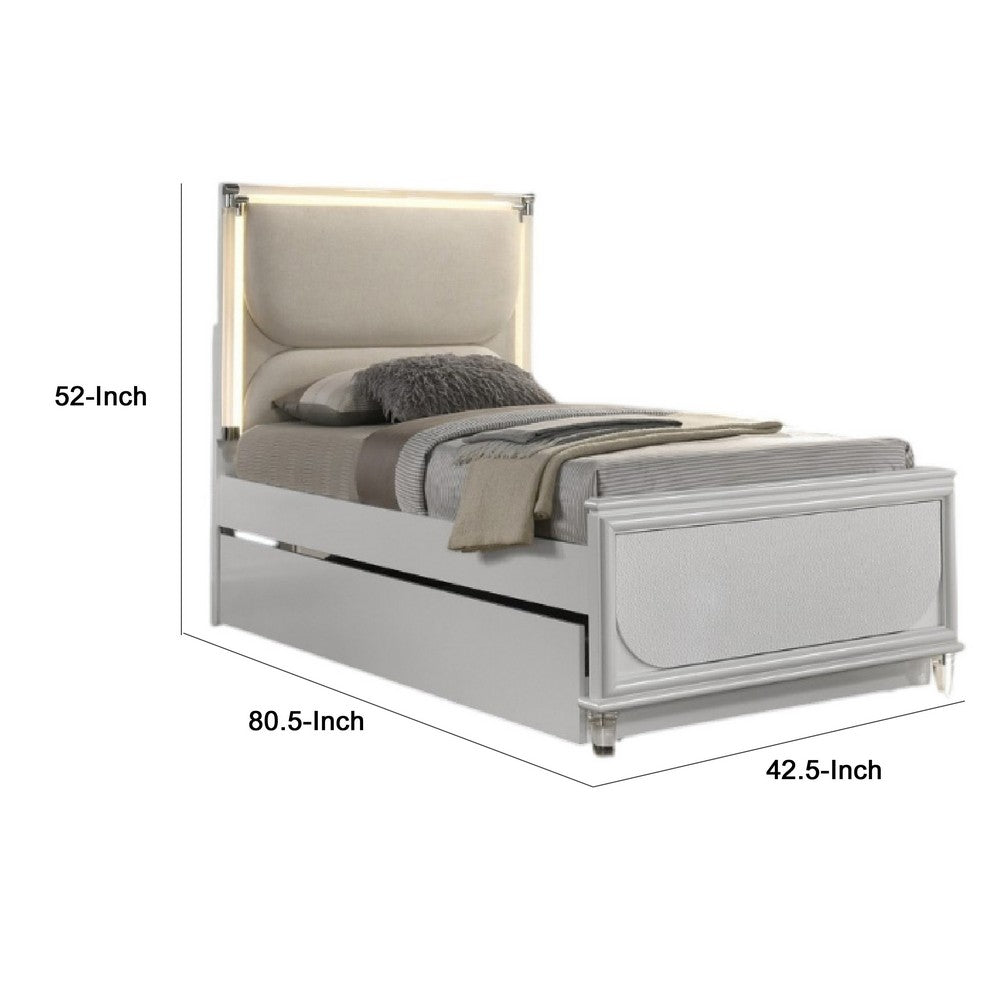 Benjara Dima Twin Size Bed with Pull Out Trundle And LED Headboard, Pearl White