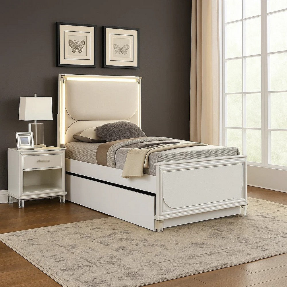 Benjara Dima Twin Size Bed with Pull Out Trundle And LED Headboard, Pearl White