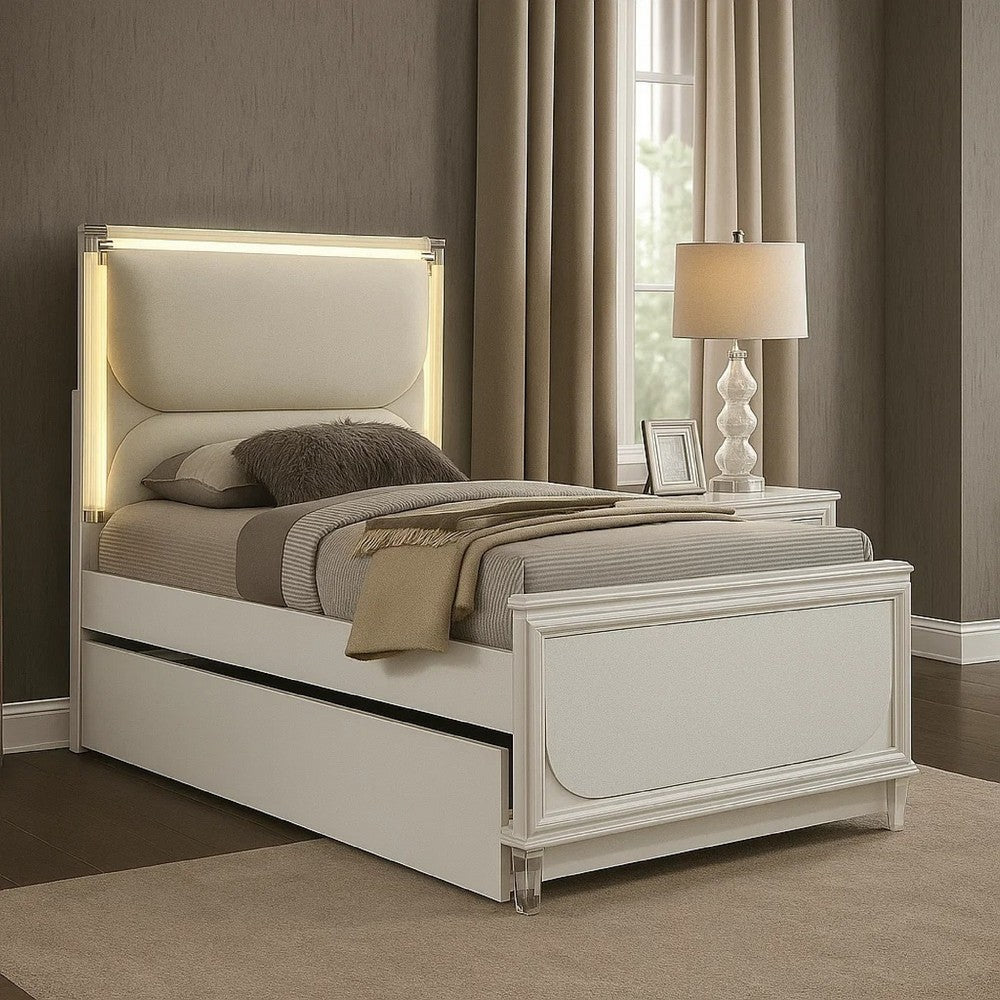 Benjara Dima Twin Size Bed with Pull Out Trundle And LED Headboard, Pearl White