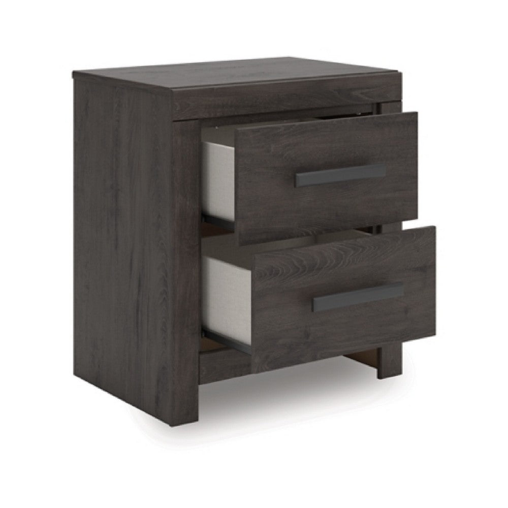 Benjara Peny Bedside Nightstand, 2 Drawers with Long Metal Handles, Charcoal Black