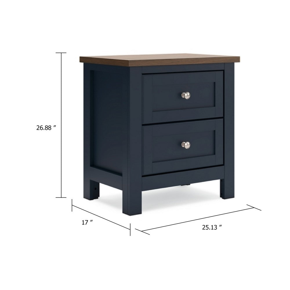 Benjara Docken Nightstand, 2 Drawers, Shaker Style, Slate Blue & Light Brown