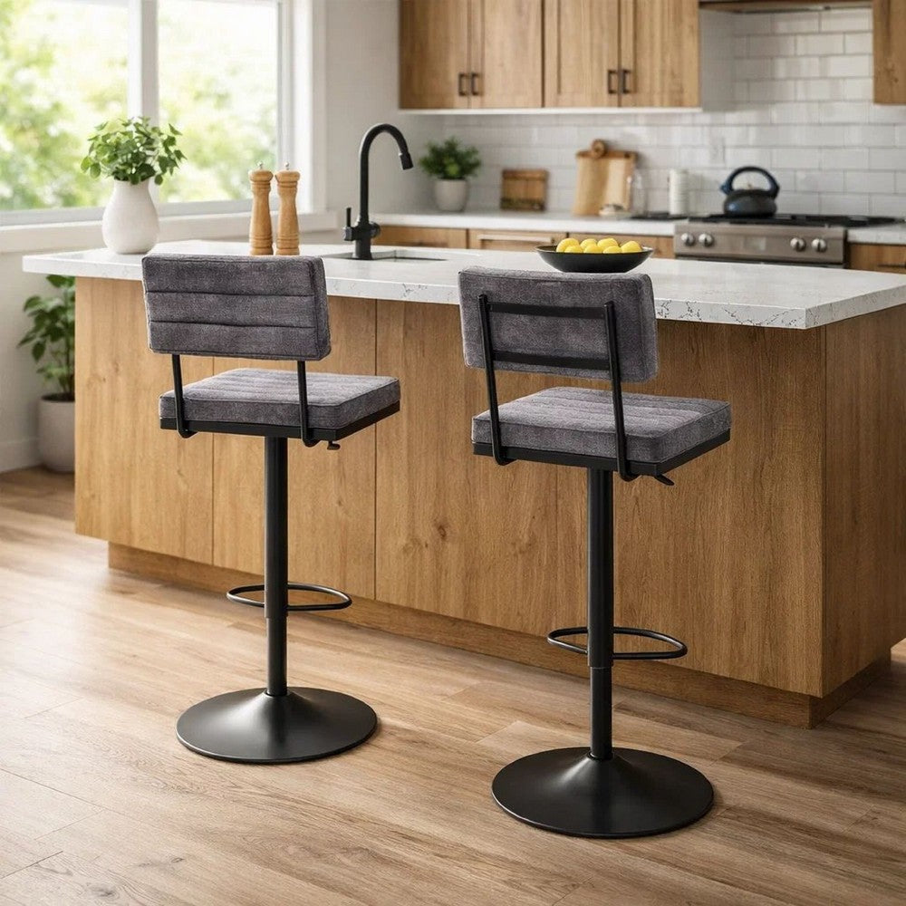 Benjara Mya Swivel Barstool Set of 2, Gray Faux Leather, 22-31 Adjustable Height