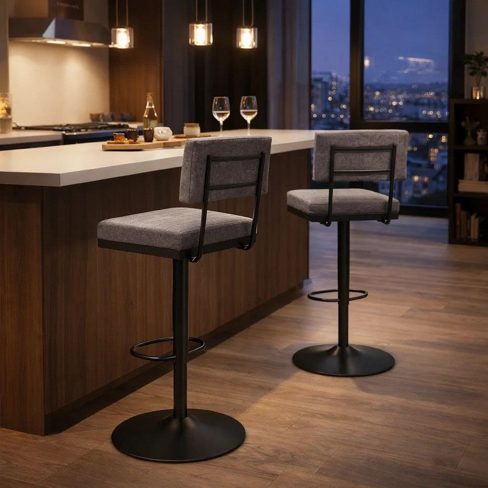 Benjara Mya Swivel Barstool Set of 2, Gray Faux Leather, 22-31 Adjustable Height