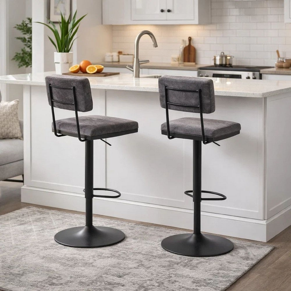 Benjara Mya Swivel Barstool Set of 2, Gray Faux Leather, 22-31 Adjustable Height
