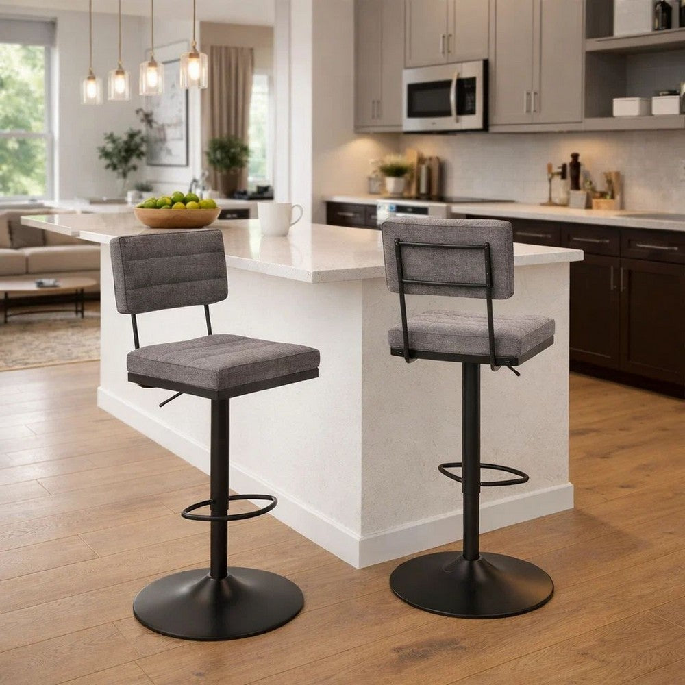 Benjara Mya Swivel Barstool Set of 2, Gray Faux Leather, 22-31 Adjustable Height