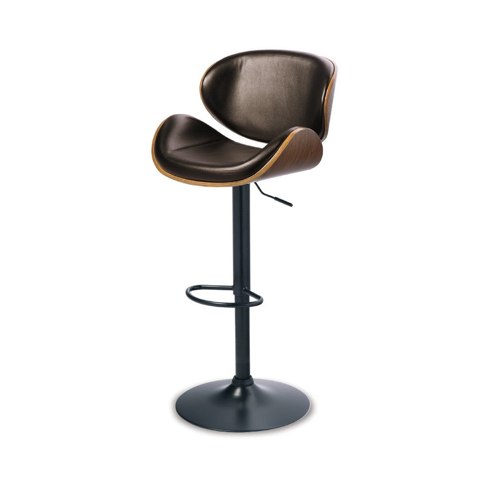 Benjara Beal Swivel Barstool Chair, Brown Faux Leather, Black, 26-34 Adjustable