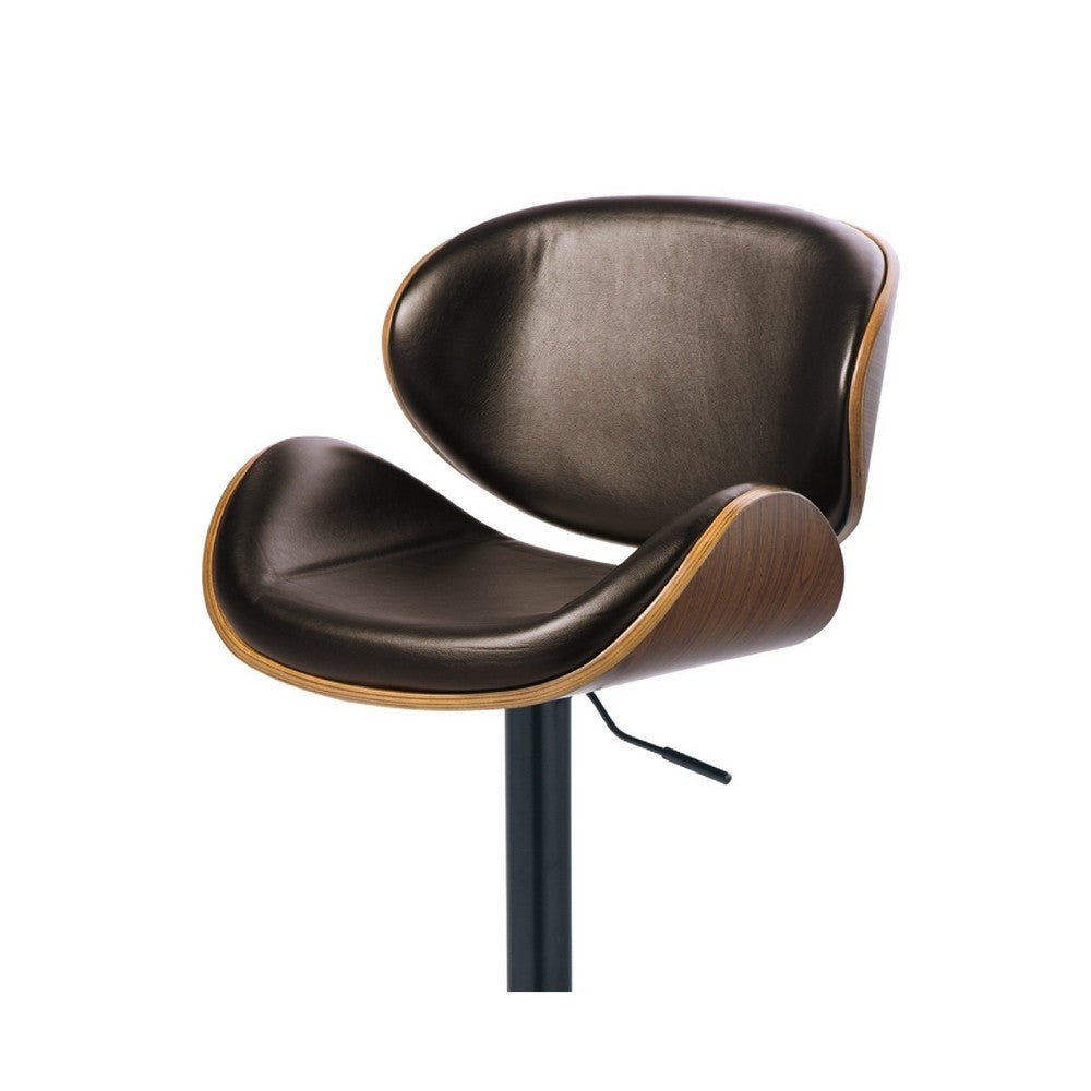 Benjara Beal Swivel Barstool Chair, Brown Faux Leather, Black, 26-34 Adjustable