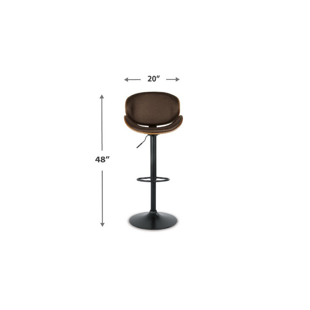 Benjara Beal Swivel Barstool Chair, Brown Faux Leather, Black, 26-34 Adjustable