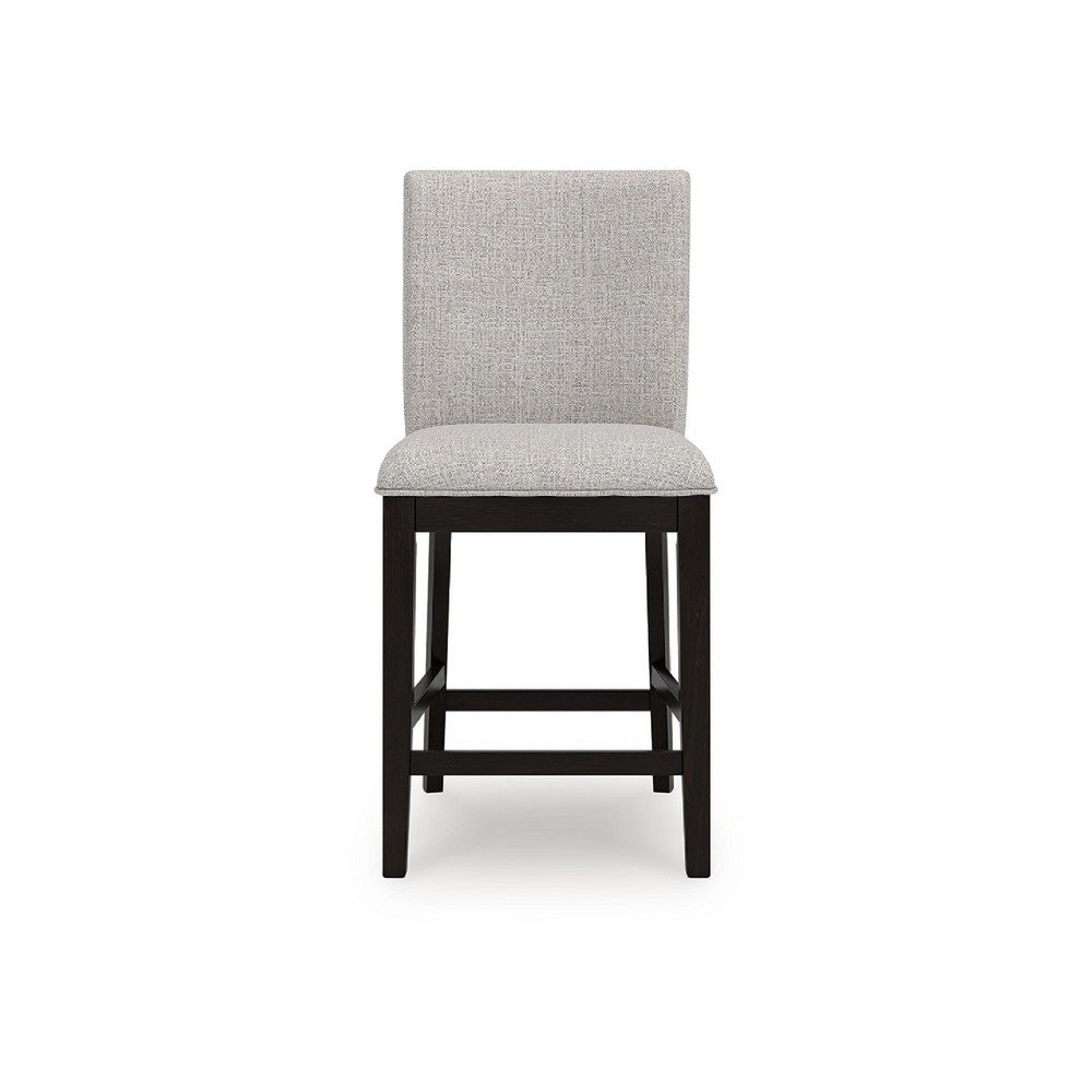 Benjara Nea Counter Stool Chair Set of 2, Gray Polyester, Dark Brown Wood Frame