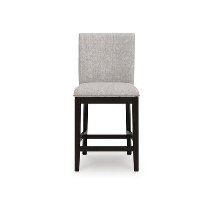 Benjara Nea Counter Stool Chair Set of 2, Gray Polyester, Dark Brown Wood Frame