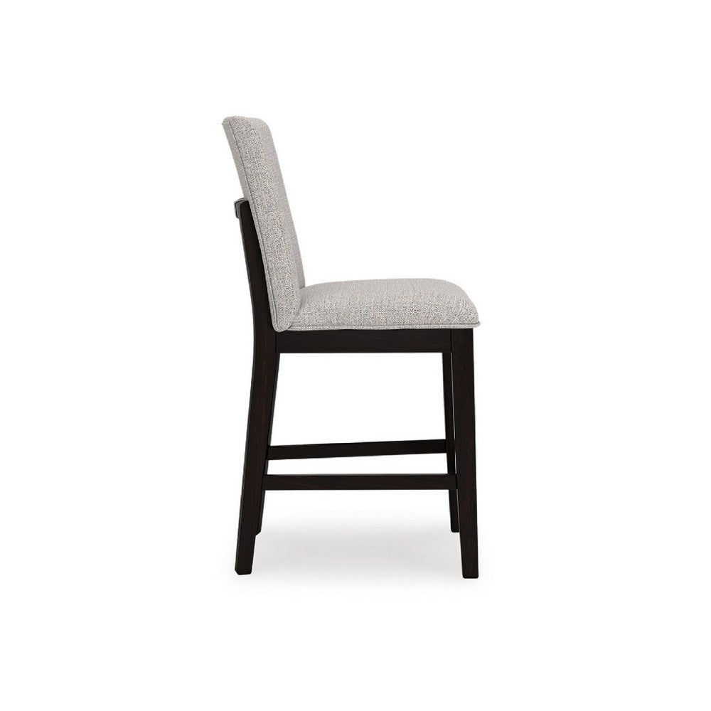 Benjara Nea Counter Stool Chair Set of 2, Gray Polyester, Dark Brown Wood Frame