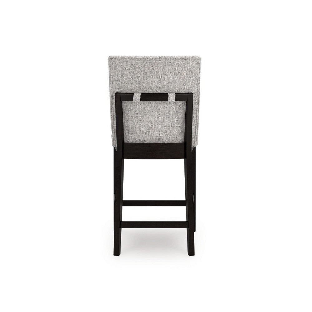 Benjara Nea Counter Stool Chair Set of 2, Gray Polyester, Dark Brown Wood Frame
